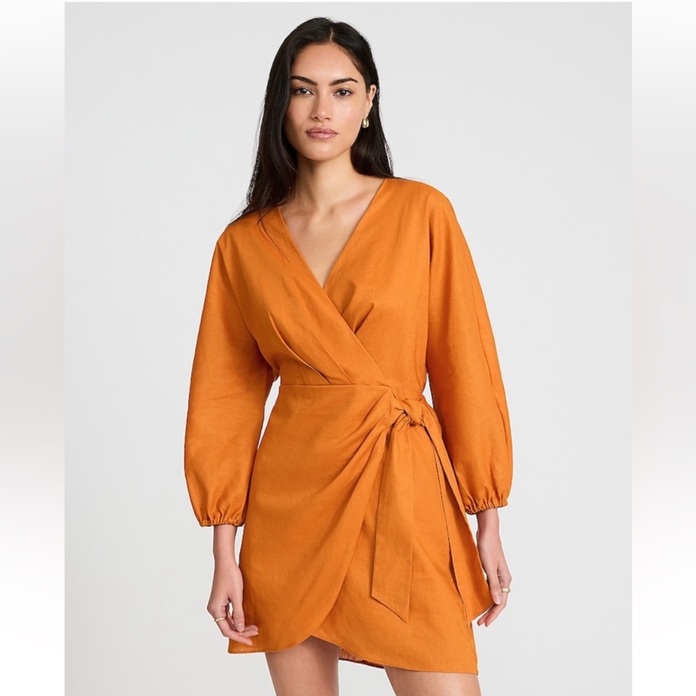 Express Linen Blend V-Neck Long Sleeve Tie Wrap Mini Sheath Dress NWT Size M - Picture 1 of 10